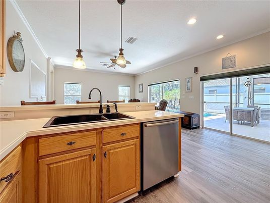 Dining room, Interior, Kitchen, Pendant Lights, Recessed Lighting, Wood Texture Flooring