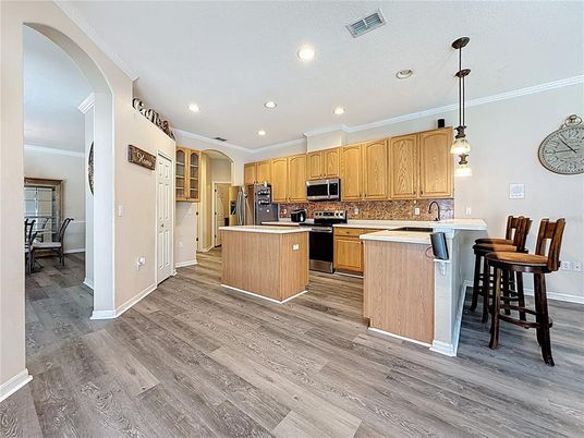 Interior, Kitchen, Pendant Lights, Recessed Lighting, Wood Texture Flooring