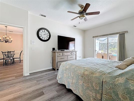 Bedroom, Chandelier, Dining room, Interior, Wood Texture Flooring