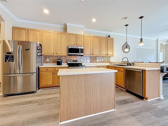 Interior, Kitchen, Pendant Lights, Recessed Lighting, Stainless Steel Appliances, Wood Texture Flooring