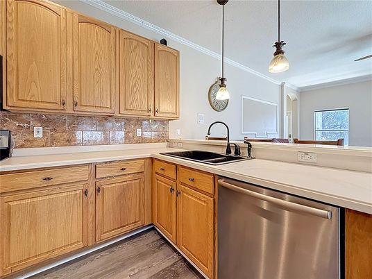 Interior, Kitchen, Pendant Lights, Stainless Steel Appliances, Wood Texture Flooring