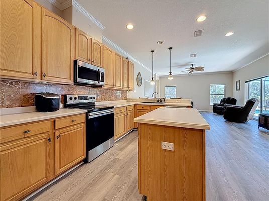 Interior, Kitchen, Living room, Pendant Lights, Recessed Lighting, Wood Texture Flooring
