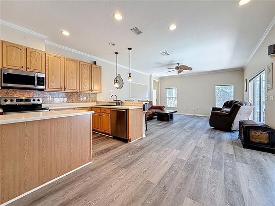 Interior, Kitchen, Pendant Lights, Recessed Lighting, Wood Texture Flooring