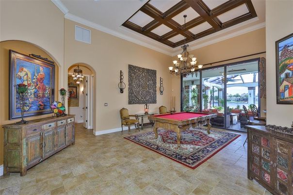 Billiard Table, Chandelier, Game Room, Interior, Pendant Lights, Wooden Beams