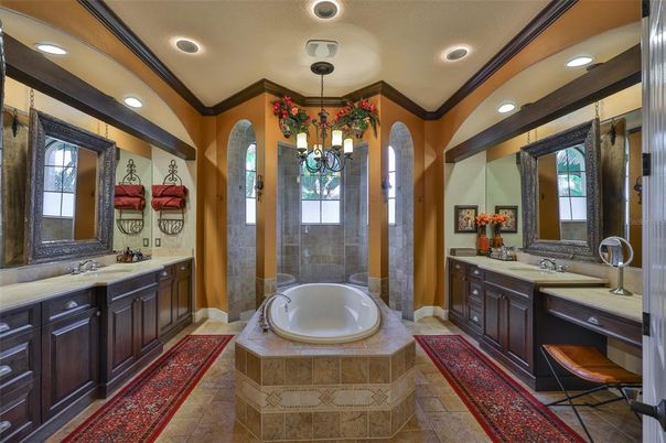 Bathroom, Chandelier, Dual Sink Vanities, Glass Shower, Interior, Recessed Lighting