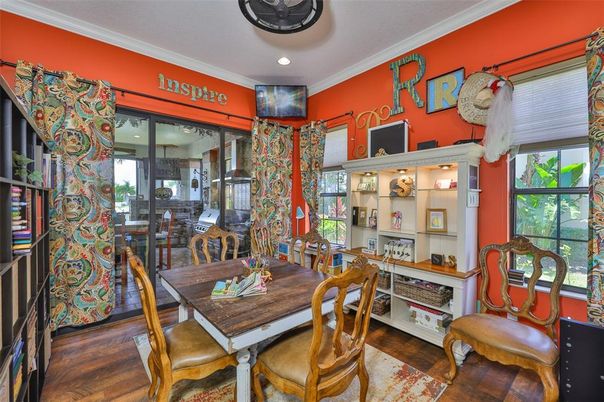 Dining room, Interior, Recessed Lighting, Wood Texture Flooring