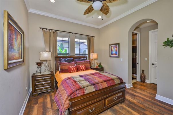 Bedroom, Interior, Recessed Lighting, Wood Texture Flooring