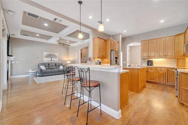 Interior, Kitchen, Pendant Lights, Recessed Lighting, Wood Texture Flooring