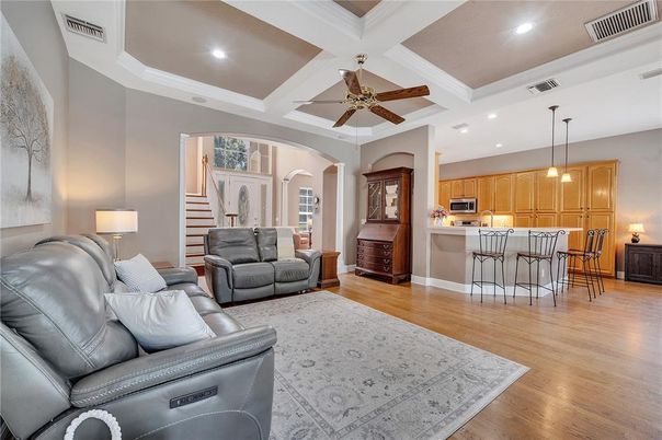 Interior, Kitchen, Living room, Pendant Lights, Recessed Lighting, Wood Texture Flooring