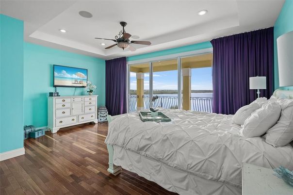 Bedroom, Interior, Recessed Lighting, Water, Wood Texture Flooring