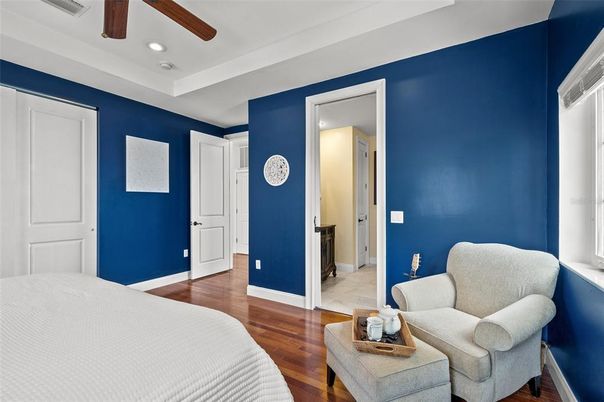 Bedroom, Interior, Recessed Lighting, Wood Texture Flooring