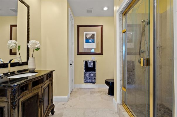 Bathroom, Glass Shower, Interior, Recessed Lighting