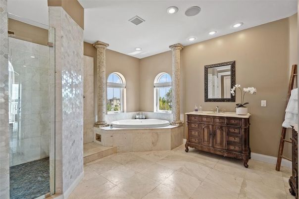Bathroom, Dual Sink Vanities, Glass Shower, Interior, Recessed Lighting