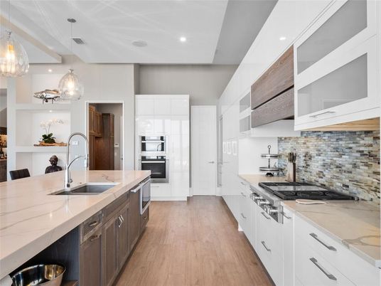 Interior, Kitchen, Pendant Lights, Recessed Lighting, Stainless Steel Appliances, Wood Texture Flooring