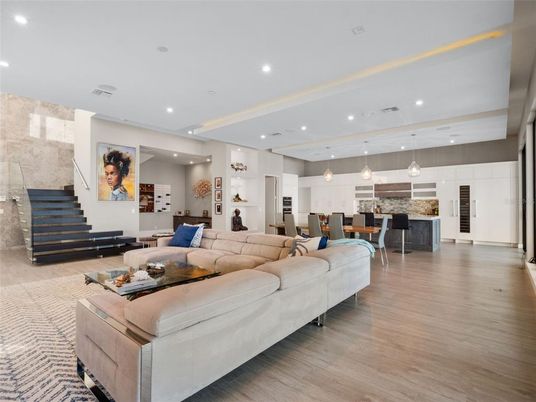 Dining room, Interior, Living room, Pendant Lights, Recessed Lighting, Wood Texture Flooring