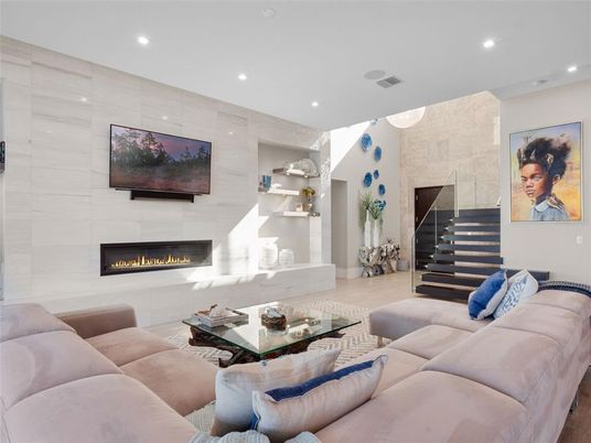 Fireplace, Interior, Living room, Recessed Lighting, Stone Walls