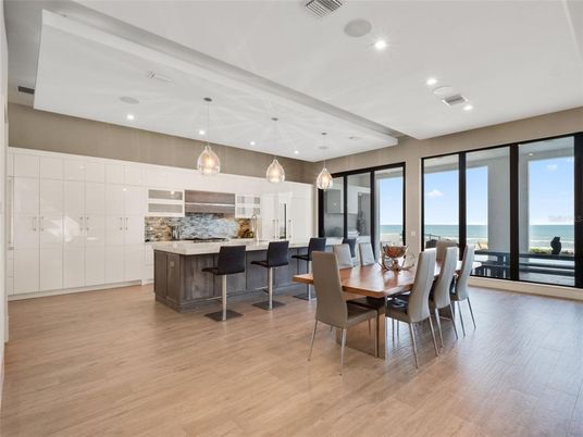 Dining room, Interior, Kitchen, Pendant Lights, Recessed Lighting, Water, Wood Texture Flooring