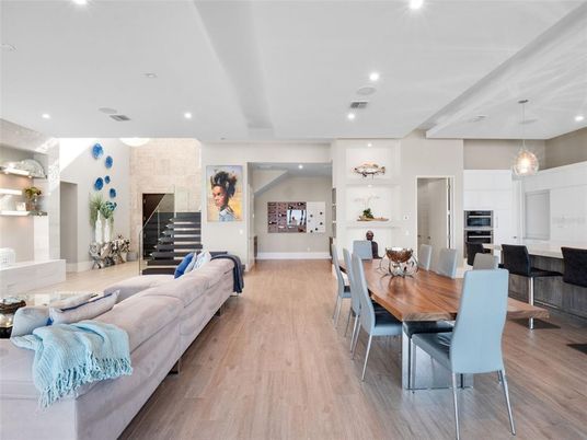 Dining room, Interior, Kitchen, Living room, Pendant Lights, Recessed Lighting, Stainless Steel Appliances, Wood Texture Flooring