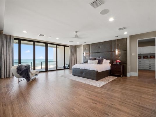 Bedroom, Interior, Recessed Lighting, Water, Wood Texture Flooring