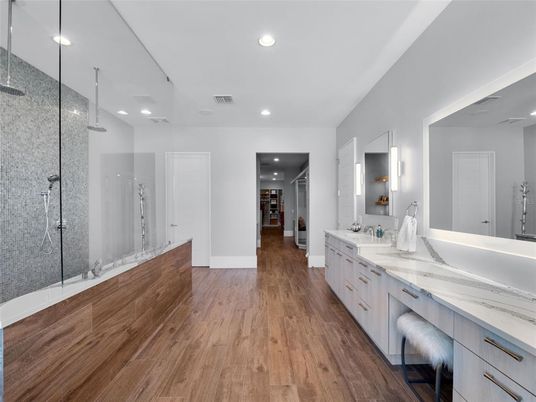 Bathroom, Dual Sink Vanities, Interior, Recessed Lighting, Wood Texture Flooring