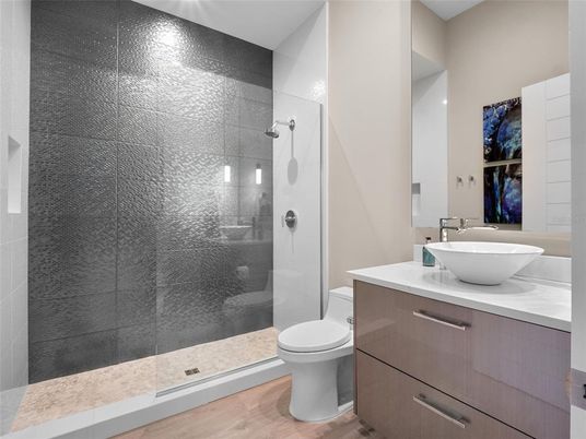 Bathroom, Glass Shower, Interior, Wood Texture Flooring
