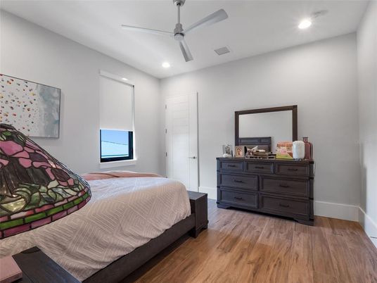 Bedroom, Interior, Recessed Lighting, Wood Texture Flooring