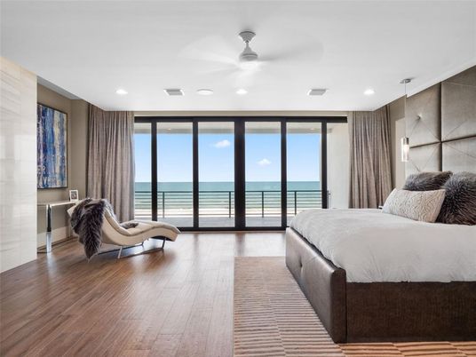 Bedroom, Interior, Pendant Lights, Recessed Lighting, Water, Wood Texture Flooring