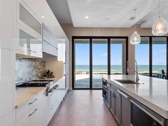 Interior, Kitchen, Pendant Lights, Recessed Lighting, Stainless Steel Appliances, Water, Wood Texture Flooring