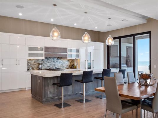 Dining room, Interior, Kitchen, Pendant Lights, Recessed Lighting, Water, Wood Texture Flooring