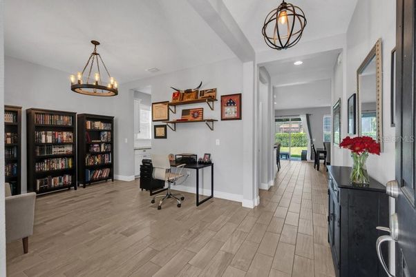 Chandelier, Home Office, Interior, Pendant Lights, Recessed Lighting, Wood Texture Flooring