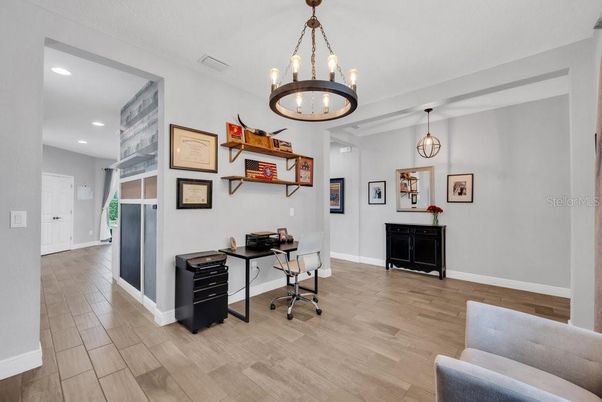 Chandelier, Home Office, Interior, Pendant Lights, Recessed Lighting, Wood Texture Flooring