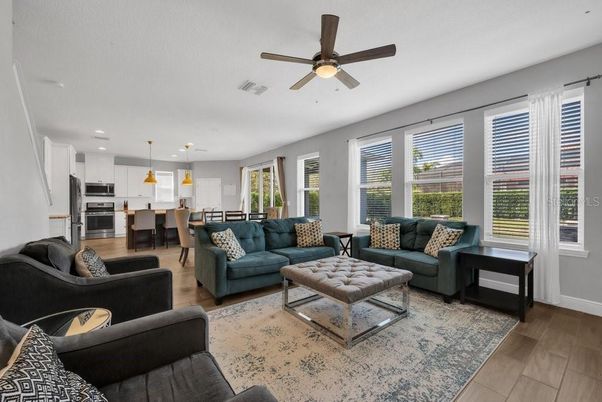 Dining room, Interior, Kitchen, Living room, Pendant Lights, Recessed Lighting, Stainless Steel Appliances, Wood Texture Flooring