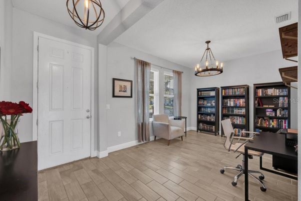Chandelier, Home Office, Interior, Pendant Lights, Wood Texture Flooring
