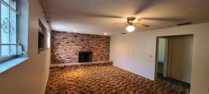 Empty room, Fireplace, Interior, Recessed Lighting, Stone Walls