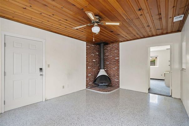 Empty room, Fireplace, Interior, Stone Walls, Wooden Ceilings