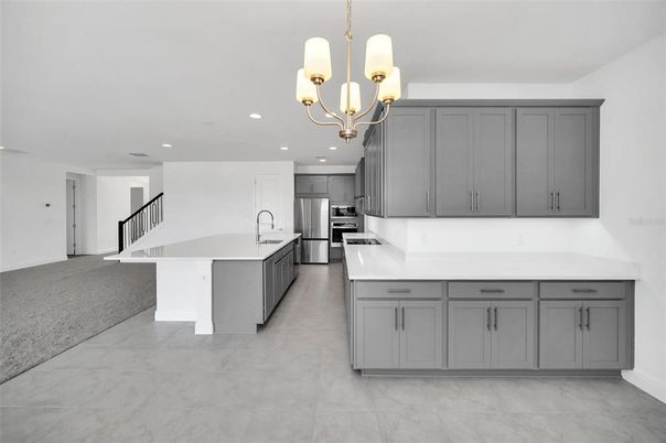 Chandelier, Interior, Kitchen, Marble, Recessed Lighting, Stainless Steel Appliances