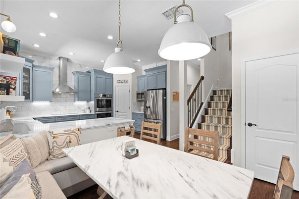Interior, Kitchen, Pendant Lights, Recessed Lighting, Stainless Steel Appliances, Wood Texture Flooring