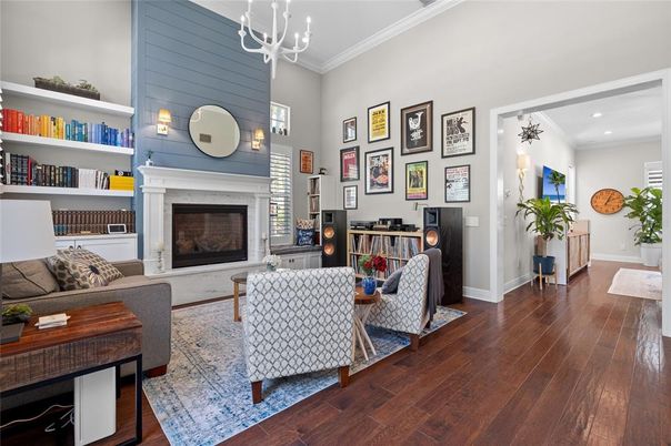 Fireplace, Interior, Living room, Recessed Lighting, Wood Texture Flooring