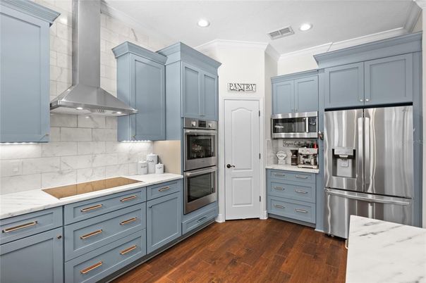 Interior, Kitchen, Recessed Lighting, Stainless Steel Appliances, Wood Texture Flooring