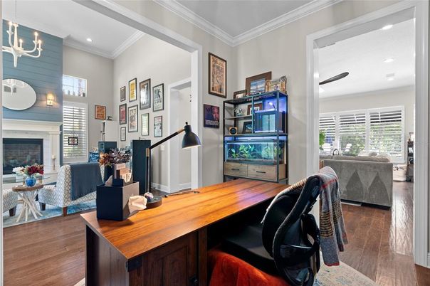 Fireplace, Home Office, Interior, Living room, Recessed Lighting, Wood Texture Flooring