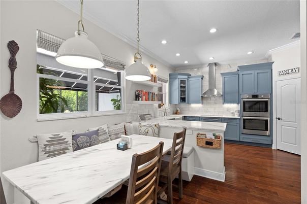 Interior, Kitchen, Pendant Lights, Recessed Lighting, Stainless Steel Appliances, Wood Texture Flooring