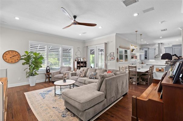 Dining room, Interior, Kitchen, Living room, Pendant Lights, Recessed Lighting, Stainless Steel Appliances, Wood Texture Flooring