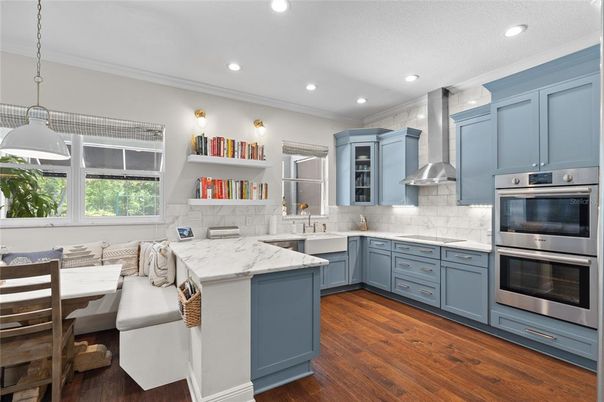 Interior, Kitchen, Pendant Lights, Recessed Lighting, Stainless Steel Appliances, Wood Texture Flooring