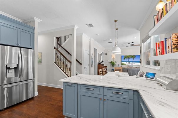 Interior, Kitchen, Pendant Lights, Recessed Lighting, Stainless Steel Appliances, Wood Texture Flooring