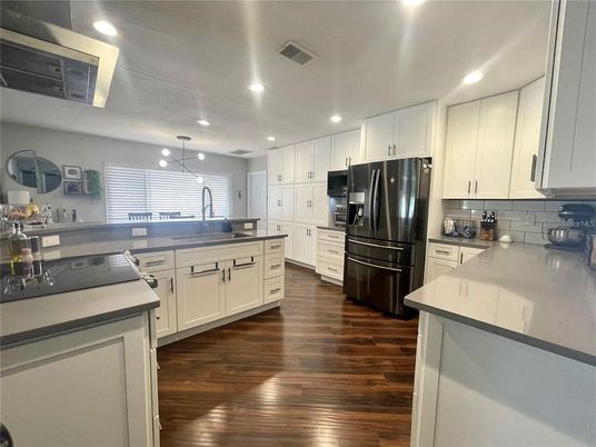 Interior, Kitchen, Pendant Lights, Recessed Lighting, Wood Texture Flooring