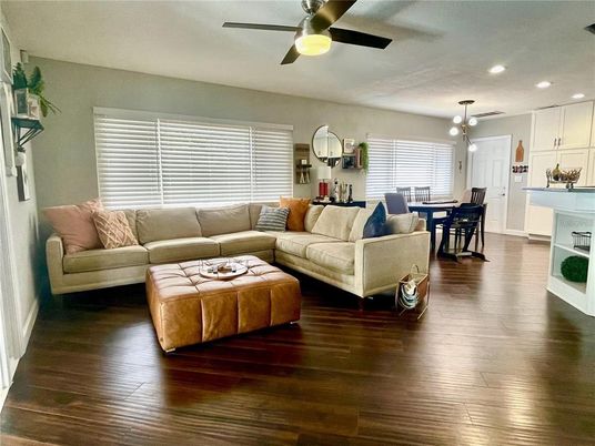Dining room, Interior, Kitchen, Living room, Pendant Lights, Recessed Lighting, Wood Texture Flooring