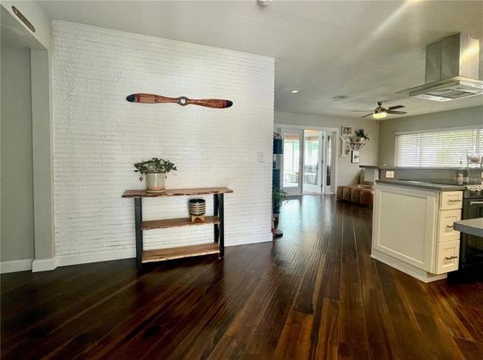 Interior, Kitchen, Recessed Lighting, Stone Walls, Wood Texture Flooring