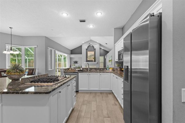 Interior, Kitchen, Pendant Lights, Recessed Lighting, Stainless Steel Appliances, Wood Texture Flooring