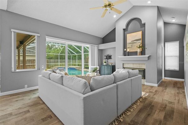 Fireplace, Interior, Living room, Recessed Lighting, Wood Texture Flooring