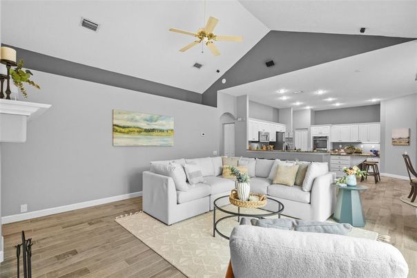 Dining room, Interior, Kitchen, Living room, Recessed Lighting, Wood Texture Flooring